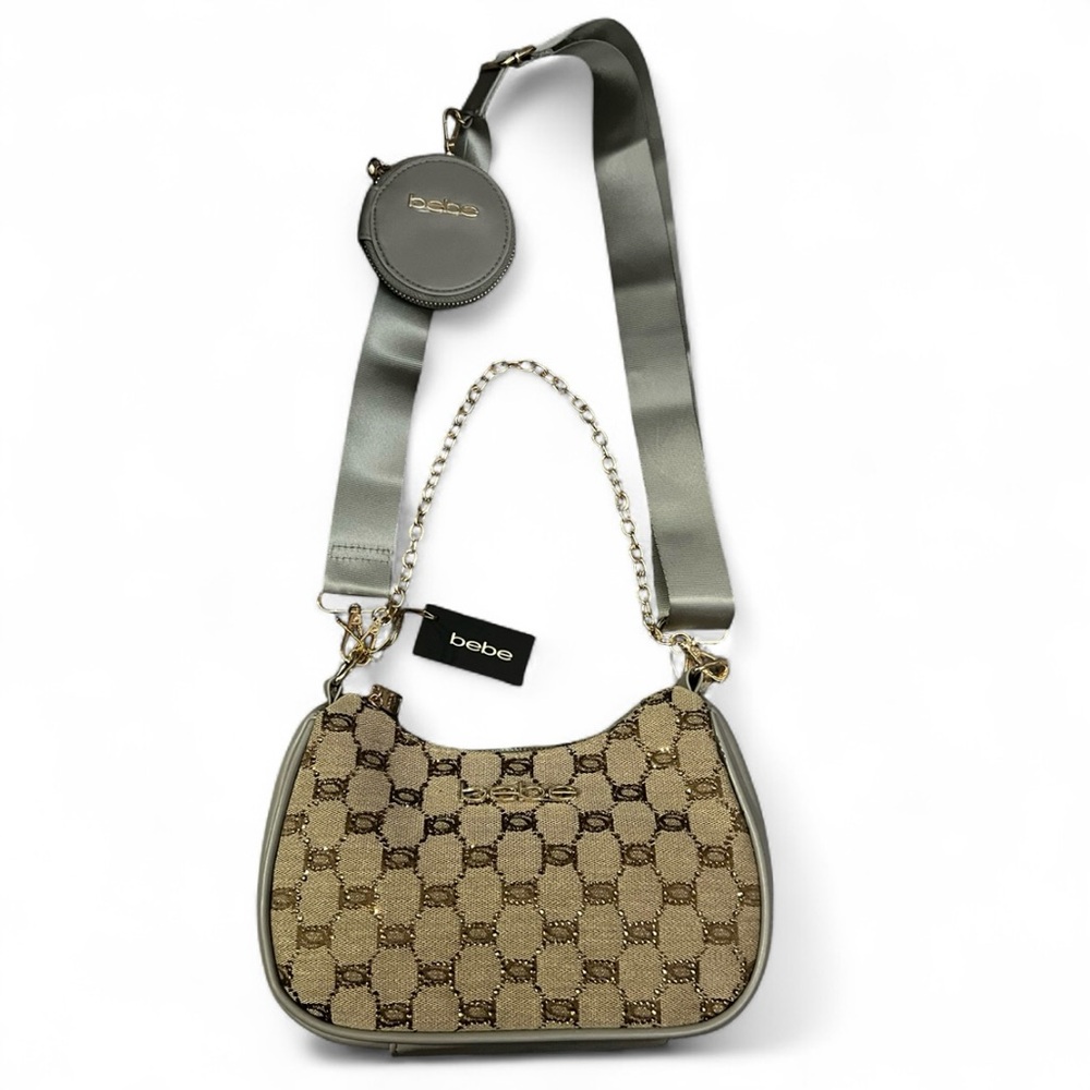 BEBE Agathe Jacquard Crystal Crossbody Bag (brown/tan/grey) NWT